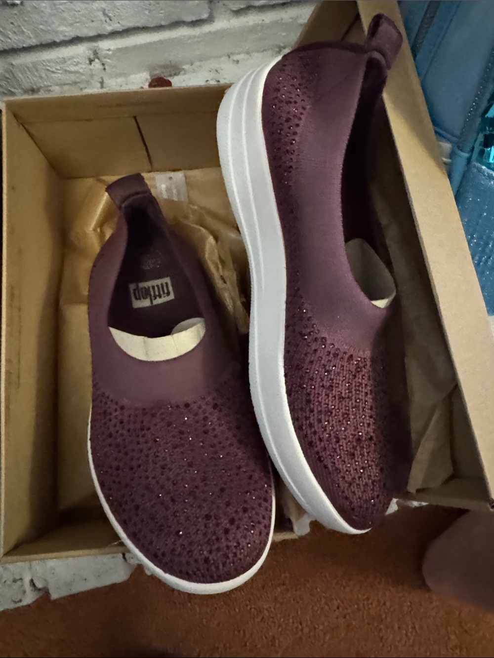 FitFlop Women's Slip-On Knit Sneakers in Burgundy with Crystal Accents